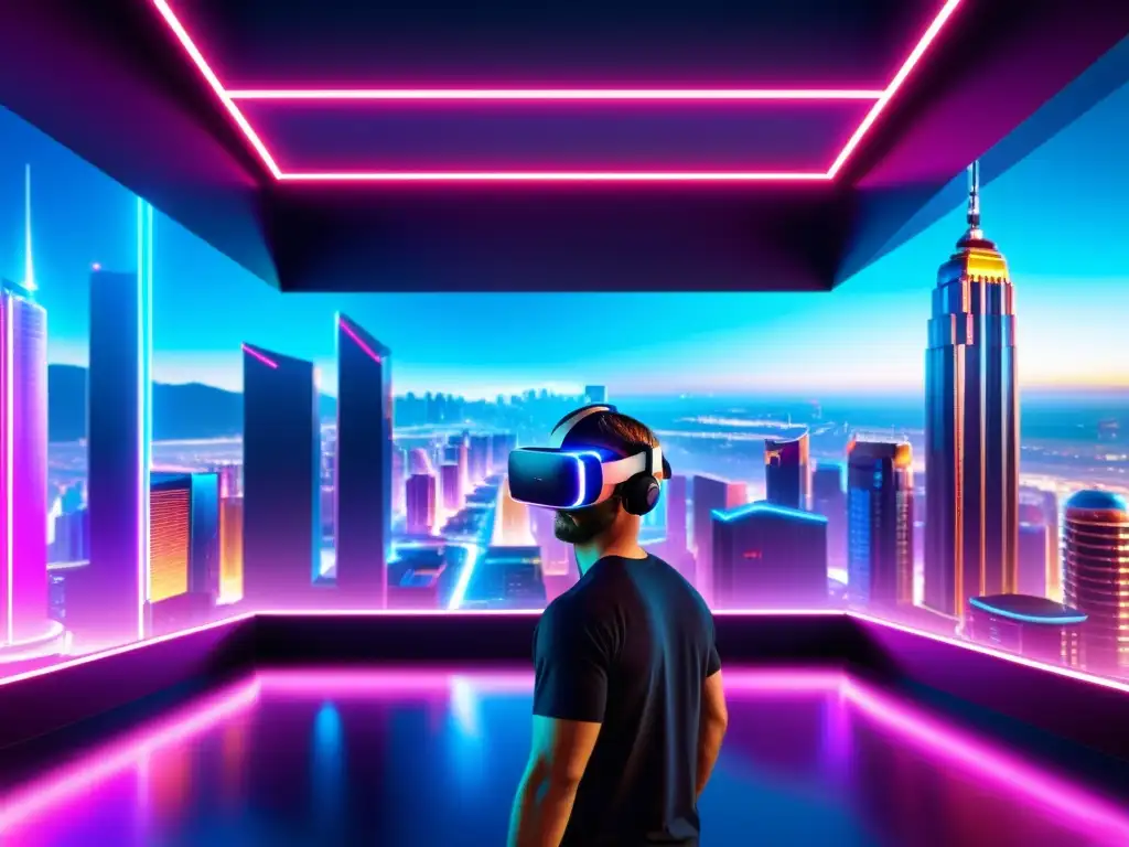 Escena futurista de un mundo de realidad virtual en 8k, con rascacielos, tecnología avanzada y gente interactuando en un entorno digital hiperrealista, mostrando el impacto de los videojuegos en la sociedad