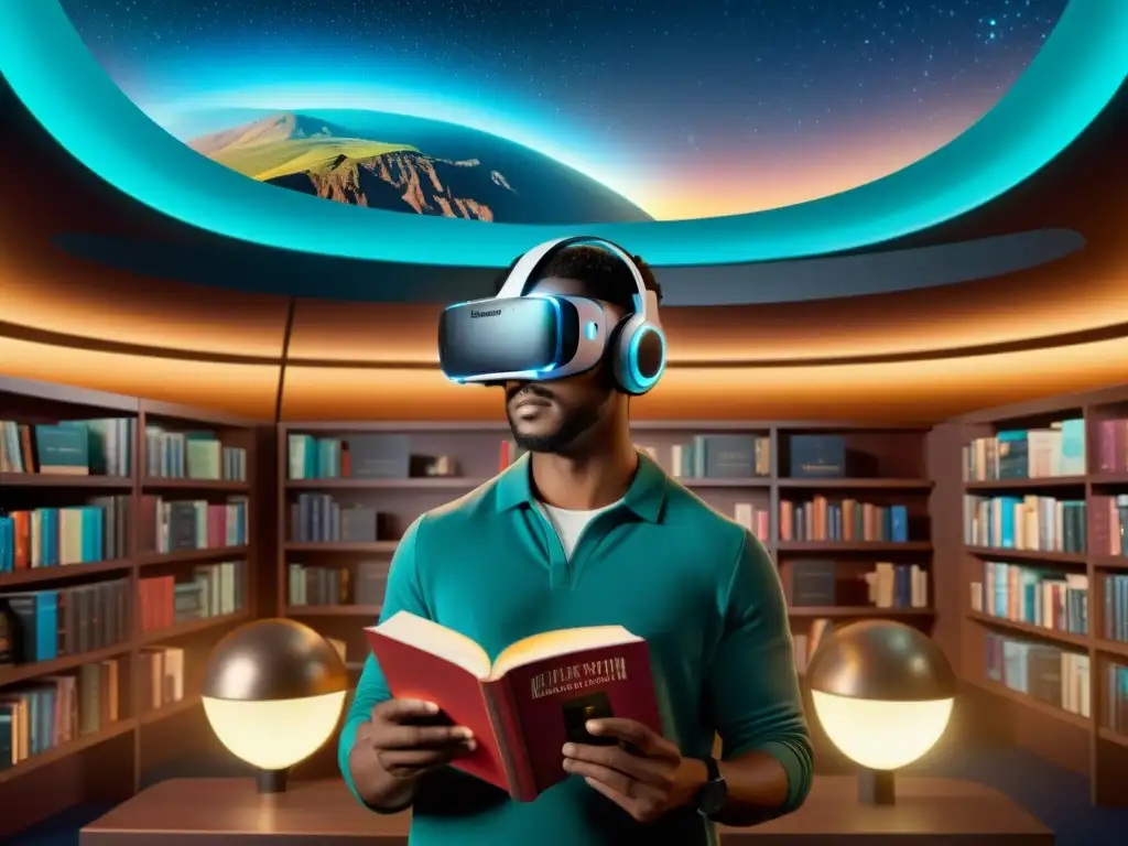 Escena futurista de realidad virtual con biblioteca holográfica y cine AR/VR, integrando literatura y cine en un entorno inmersivo