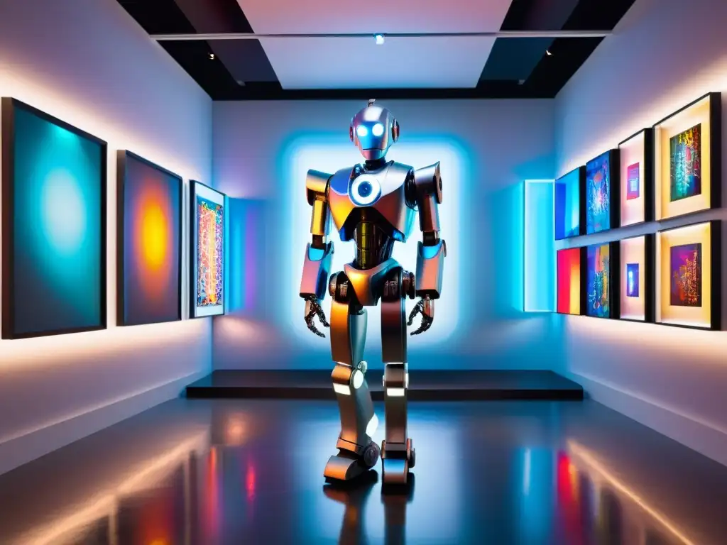 Escena futurista con un robot en una galería de arte rodeado de obras abstractas, reflejando 'Robots en el arte creativo'