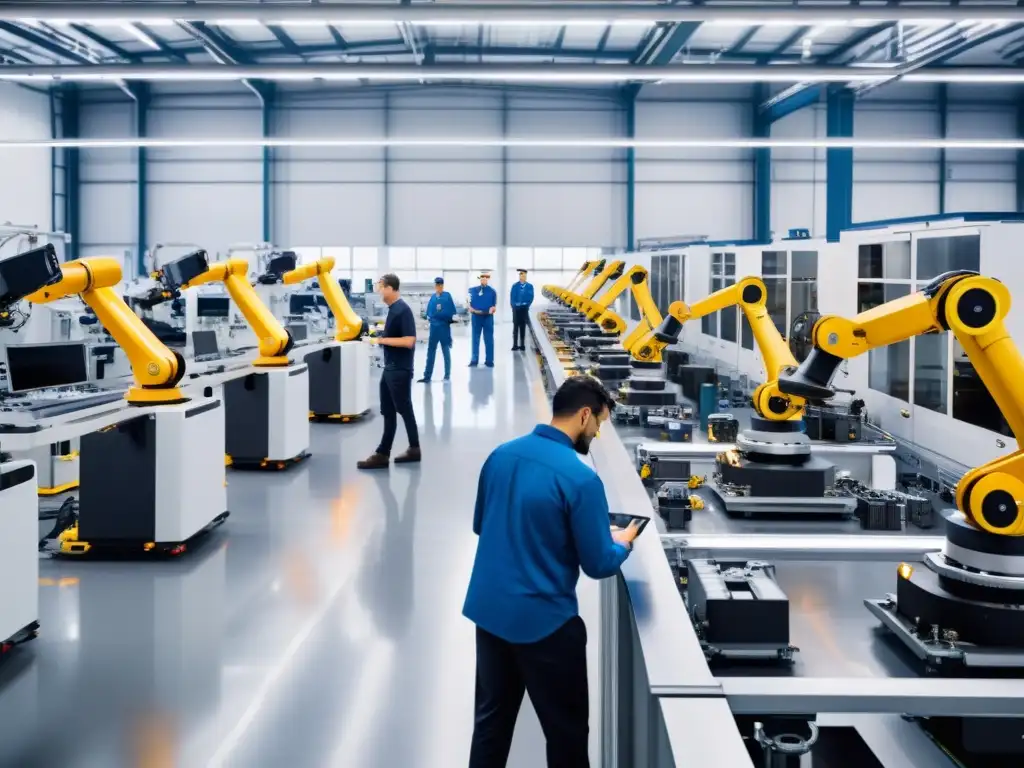 Escena futurista de robótica colaborativa en planta manufacturera, humanos y robots trabajando juntos en maquinaria avanzada