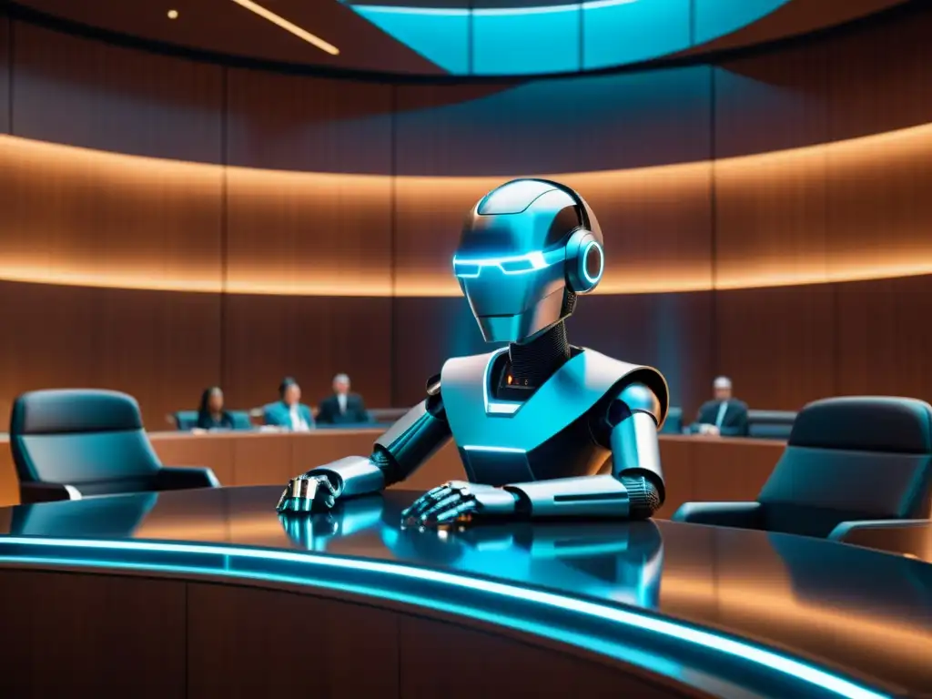 Una escena futurista de sala de tribunal con un robot juez imponente y abogados humanos, reflejando la imparcialidad del juez algorítmico