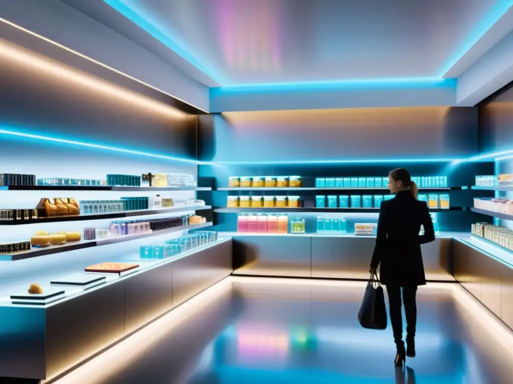 Escena futurista de tienda con tecnología AI en el comercio, mostrando innovación y progreso en el mundo del comercio minorista