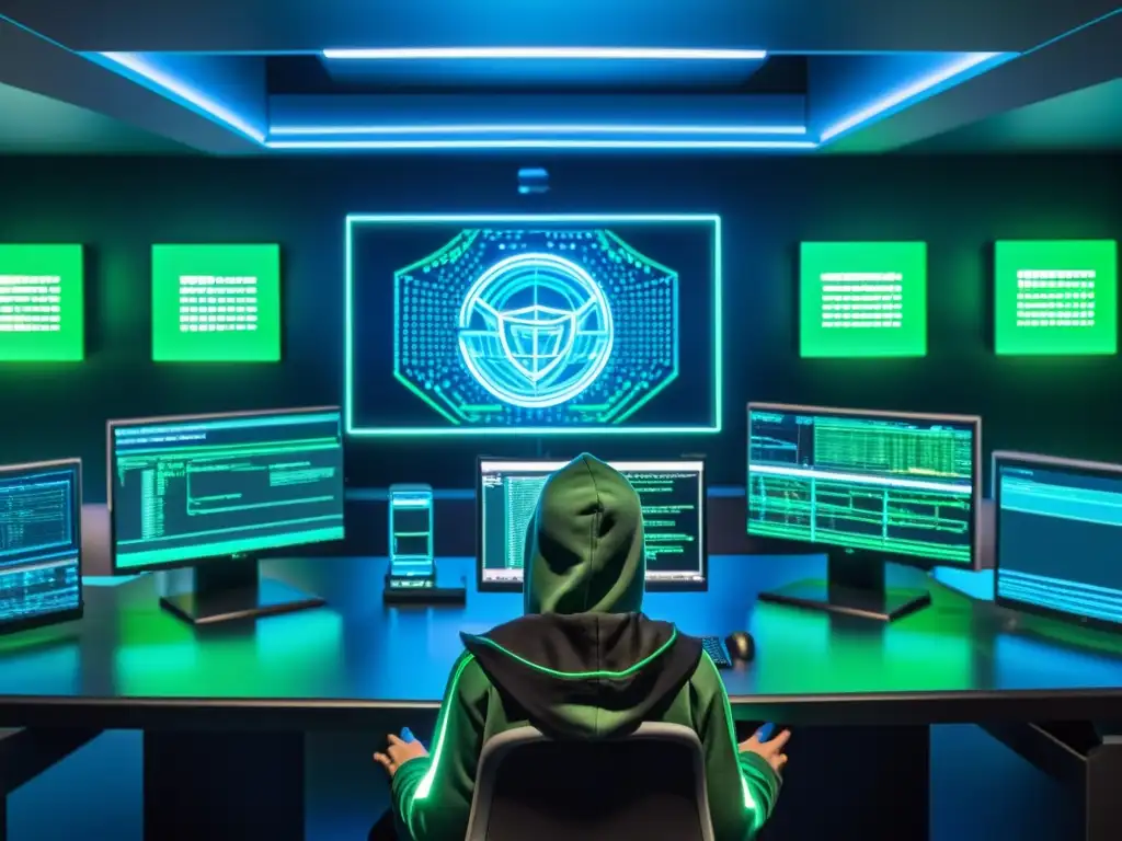 Refugio hacker: misterio y sofisticación cibernética Escena de un hacker en su guarida, con luces neón, pantallas de código y hologramas futuristas