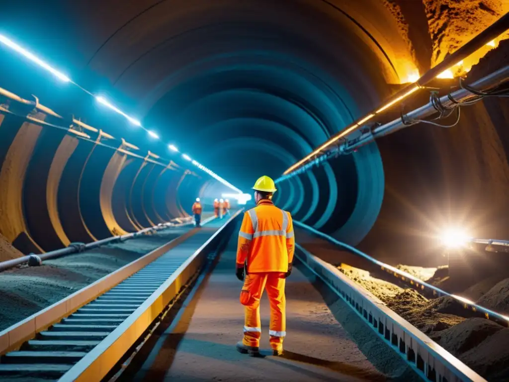 Una escena de minería subterránea moderna con IoT integrado en maquinaria, trabajadores y ambiente realista