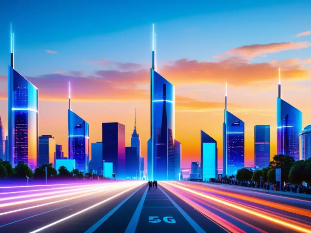 Una escena urbana bulliciosa con torres futuristas de 5G integradas en el paisaje urbano, iluminadas por una cálida puesta de sol