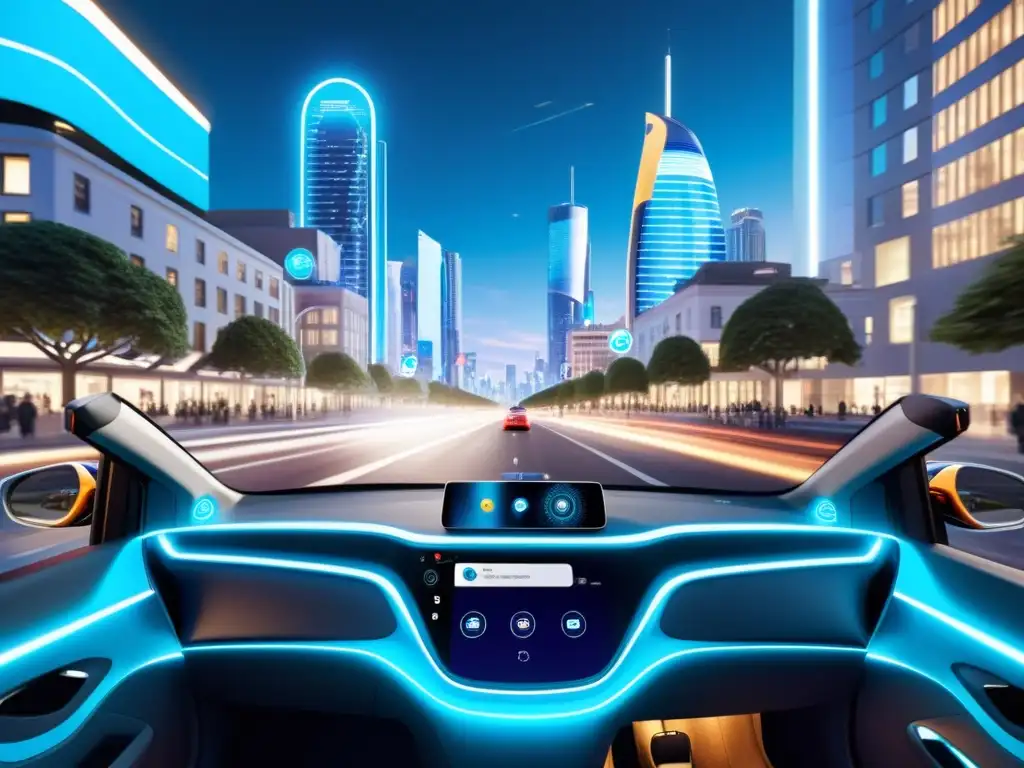 Escena urbana futurista con adopción tecnología 5G vida cotidiana: autos inteligentes 5G, realidad aumentada y torres 5G