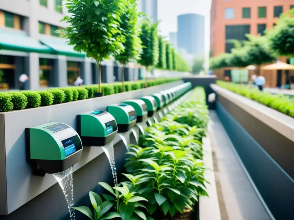 Escena urbana con soluciones IoT para gestión eficiente del agua, integrando tecnología y vegetación en la ciudad moderna