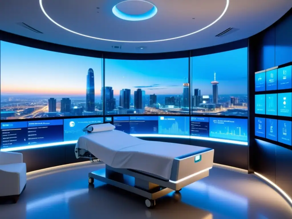 Escenario hospitalario futurista con dispositivos médicos IoT y tecnología avanzada, transmitiendo seguridad e innovación en la Ciberseguridad en la Salud IoT