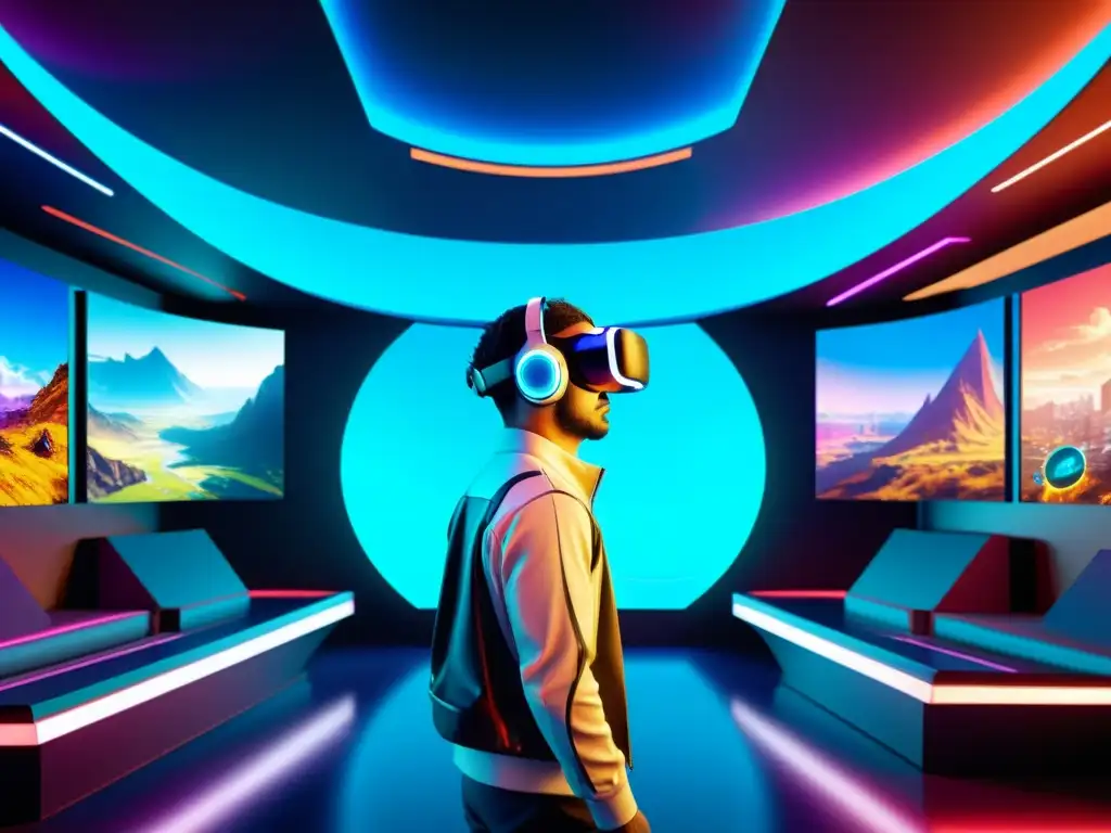 Escenario de juego de realidad virtual futurista con paisajes innovadores y tecnología avanzada, en Revelaciones creativas Game Developers Conference