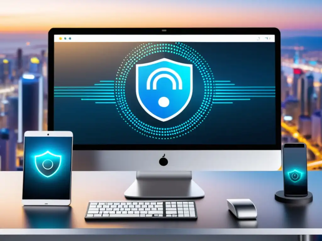 Escritorio moderno con dispositivos seguros y tecnología avanzada