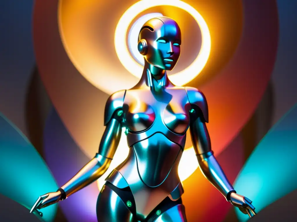 Una escultura futurista abstracta de una figura humanoide entrelazada con elementos robóticos, frente a un fondo de luces dinámicas