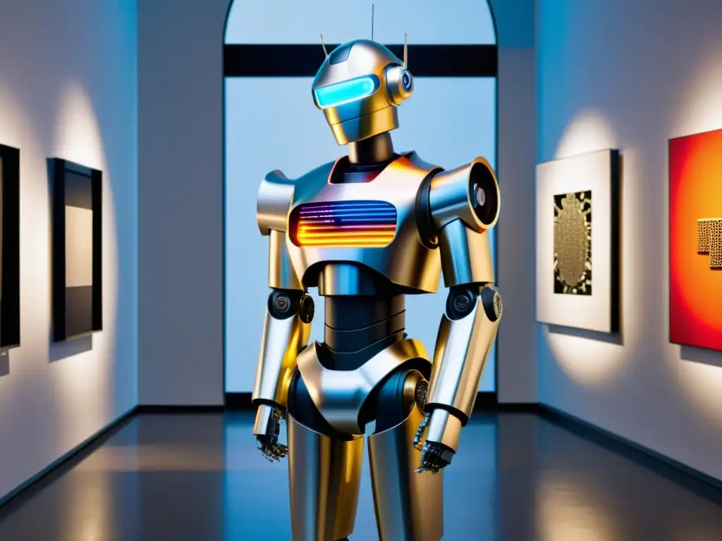 Escultura moderna de robot en galería de arte, reflejando creatividad y movimiento