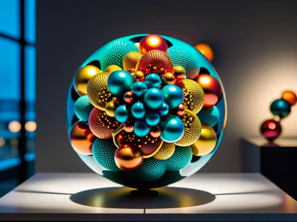 Una escultura molecular hipnótica creada con nanotecnología, fusionando arte y ciencia en una galería moderna