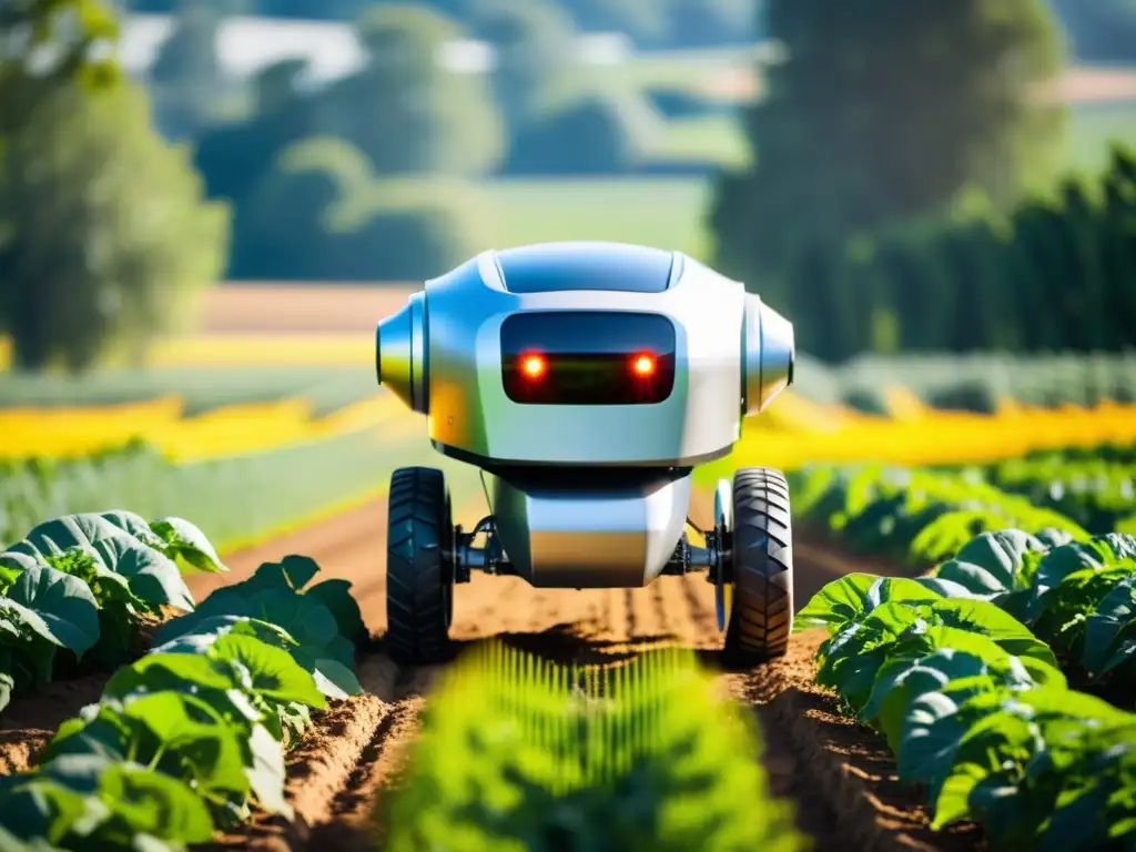 Un robot agrícola futurista recorre sin esfuerzo un campo soleado y exuberante, desafiando tradiciones con agricultura autónoma