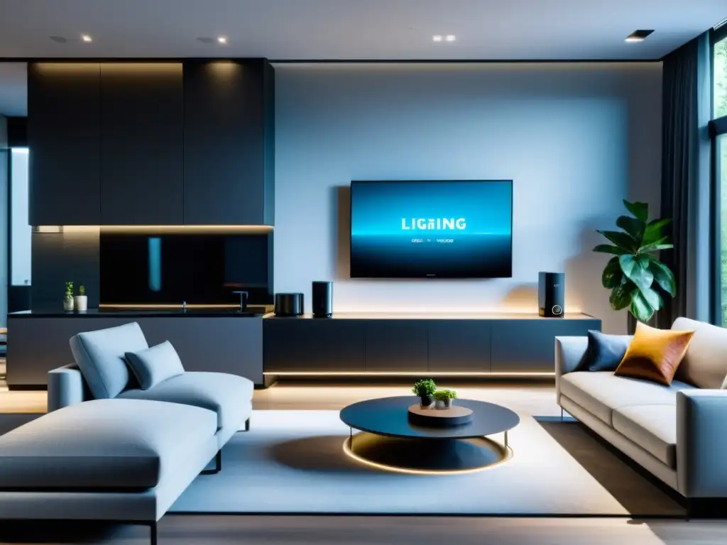 Espacio doméstico moderno con integración IoT, dispositivos inteligentes y ambiente futurista
