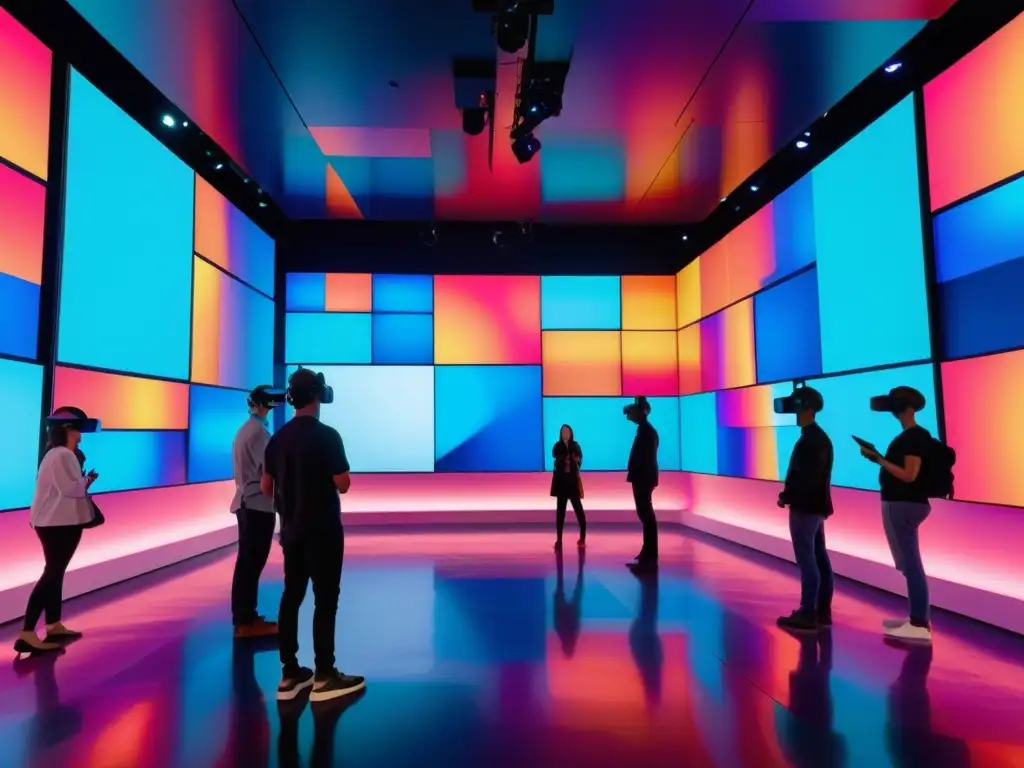 Un espacio futurista con arte digital vibrante y personas interactuando con realidad virtual