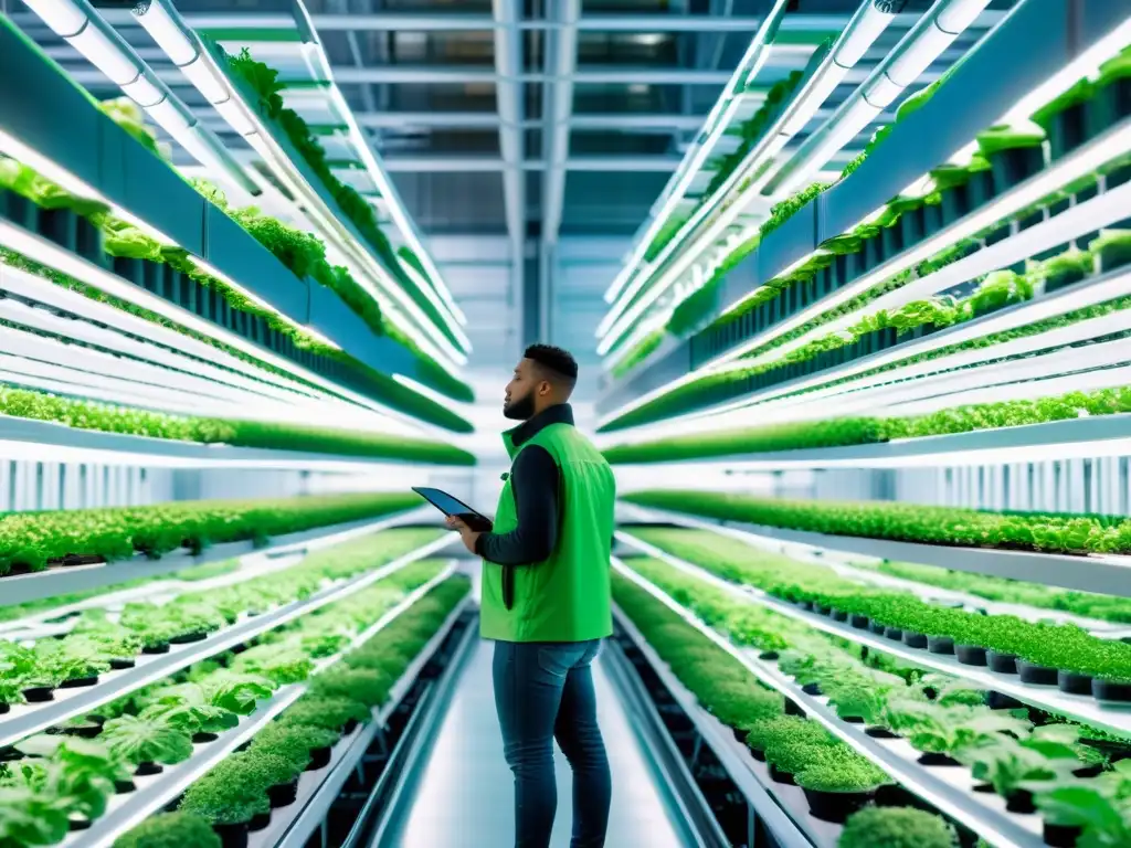 Un espacio futurista de cultivo vertical tecnología agropecuaria sostenible, con hileras de vegetales vibrantes bajo luces LED