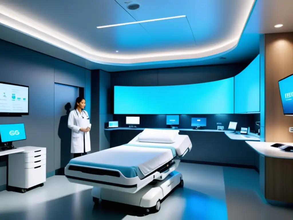 Habitación hospitalaria 5G: Tecnología médica avanzada en un entorno futurista Espacio hospitalario moderno con tecnología 5G, destacando los beneficios del 5G en hospitales con diseño futurista y dispositivos médicos avanzados