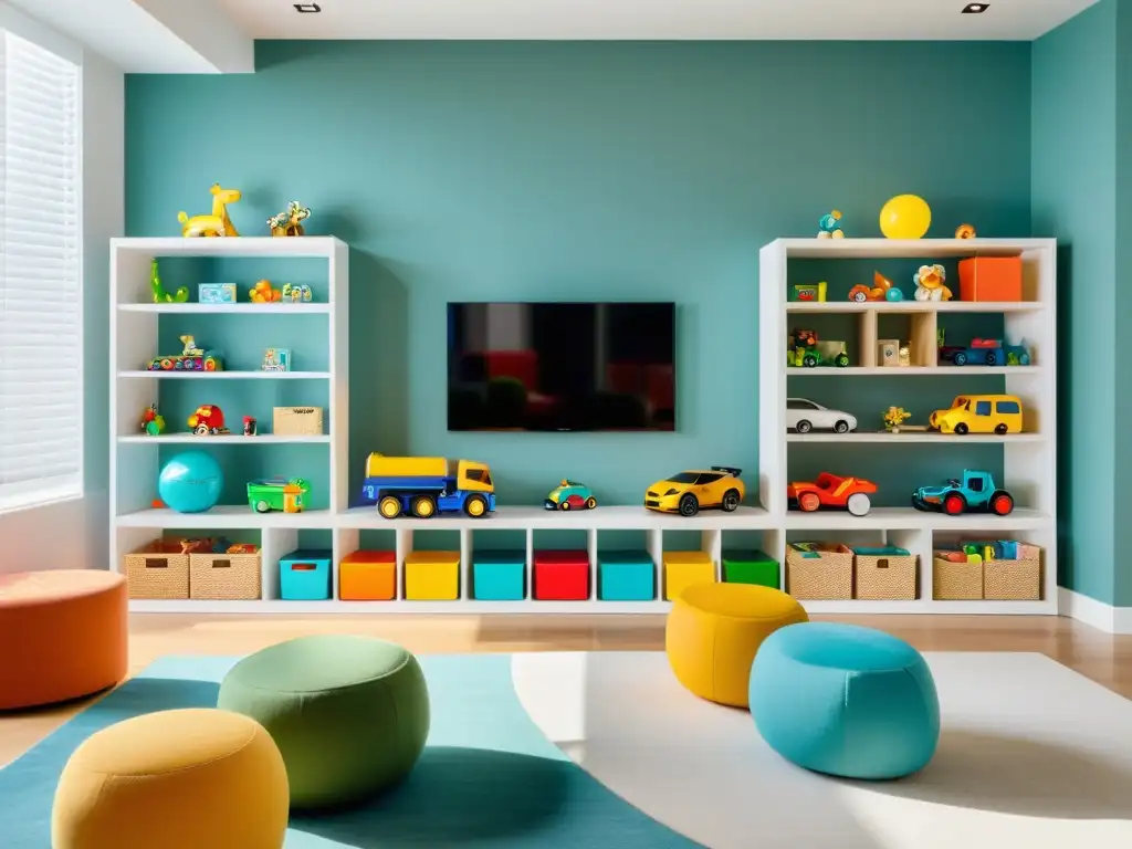 Espacio de juegos infantil moderno y seguro con juguetes conectados coloridos y organizados en estantes elegantes