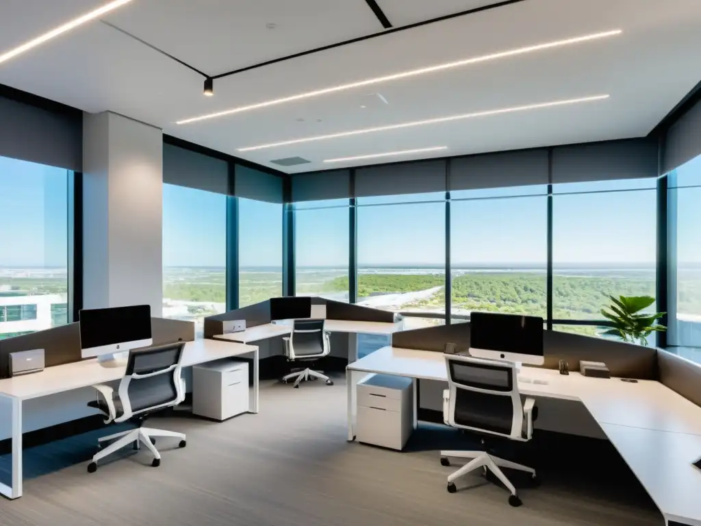 Oficina futurista con tecnología IoT y diseño minimalista Transformación del espacio laboral IoT: Oficina moderna con diseño minimalista, tecnología inteligente y ambiente colaborativo futurista