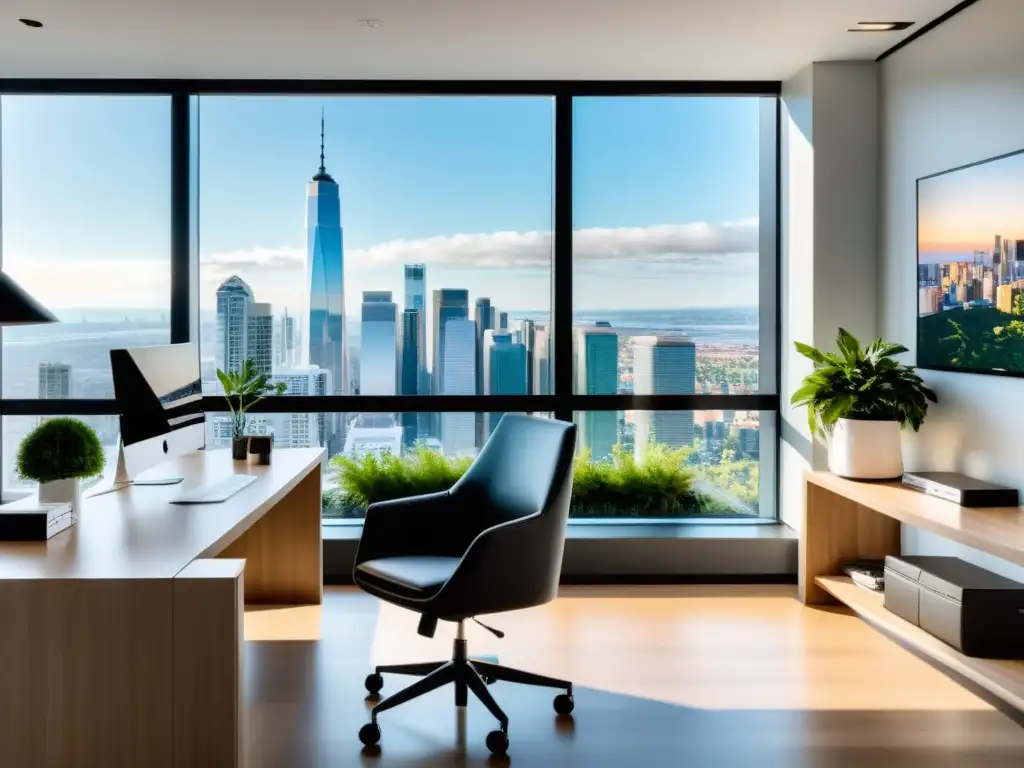 Espacio de oficina en casa con vista panorámica a la ciudad, diseño moderno y toques de naturaleza