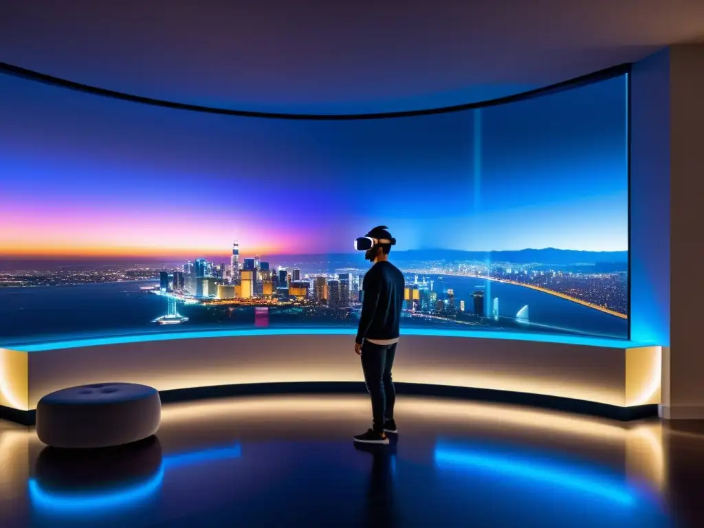 Espacio de realidad virtual moderno con muebles minimalistas y vista nocturna de la ciudad