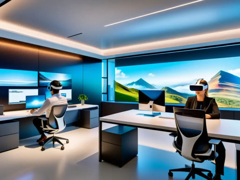 Transformación del espacio de trabajo con realidad virtual: Oficina moderna con tecnología de vanguardia y empleados usando visores de realidad virtual