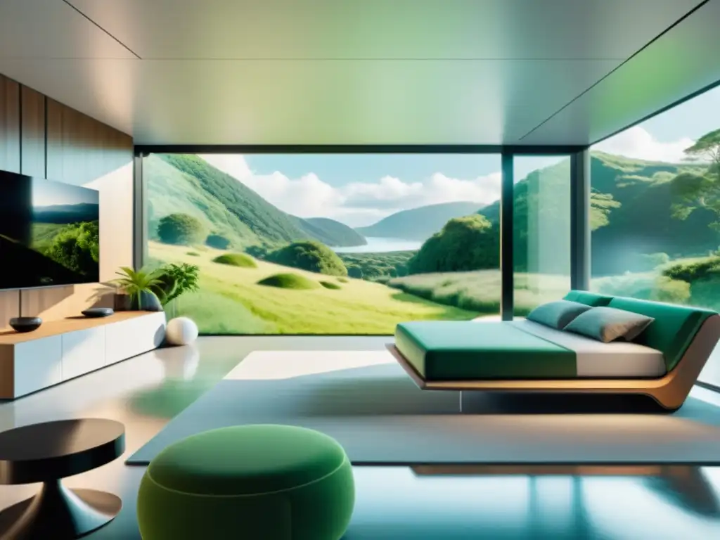 Un espacio de vida modular futurista con AR, diseño minimalista y vistas panorámicas a la naturaleza