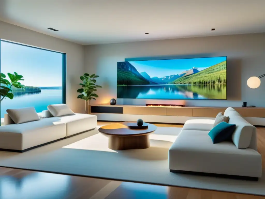 Espacios modulares con AR: Sala moderna con muebles modulares e integración de elementos de realidad aumentada, destacando la estética minimalista