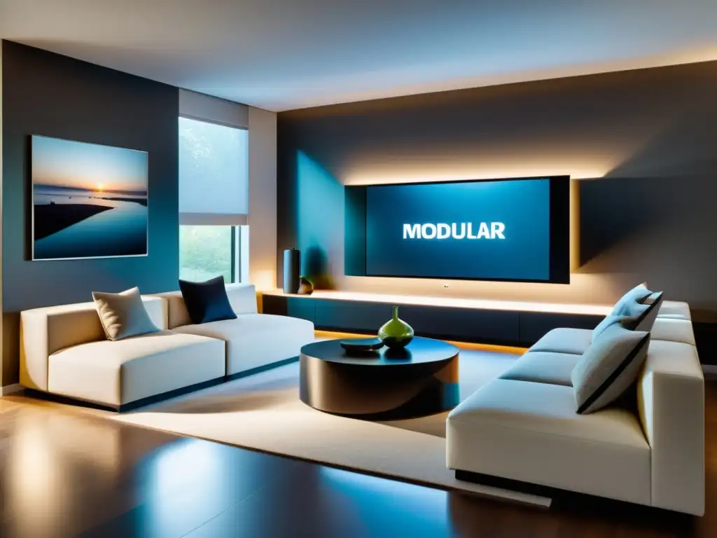 Espacios modulares con AR: Sala de estar moderna con muebles modulares y tecnología AR integrada, destacando su diseño futurista y versátil