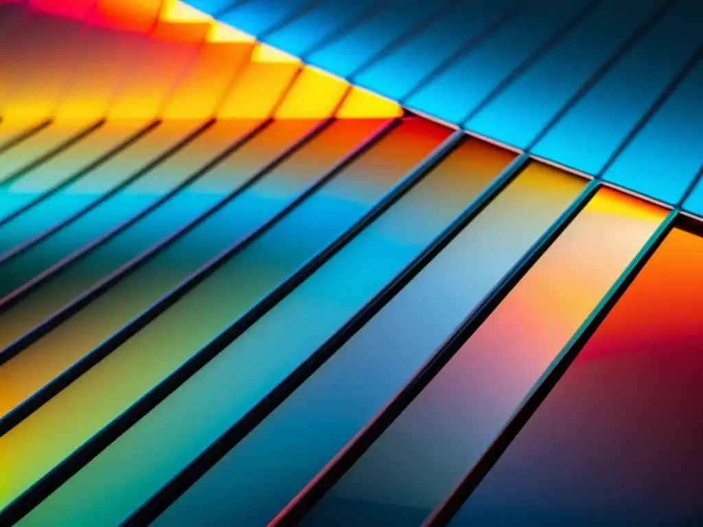 Un espectacular arreglo de células solares sensibilizadas por colorante en una superficie reflectante, con colores vibrantes y tecnología avanzada