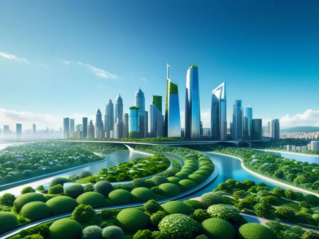 Espectacular ciudad futurista con infraestructura verde avanzada y algoritmos para combatir cambio climático