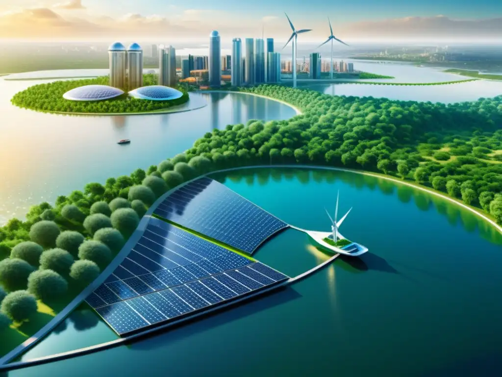 Espectacular ciudad futurista con rascacielos sostenibles y energías renovables en armonía con la naturaleza