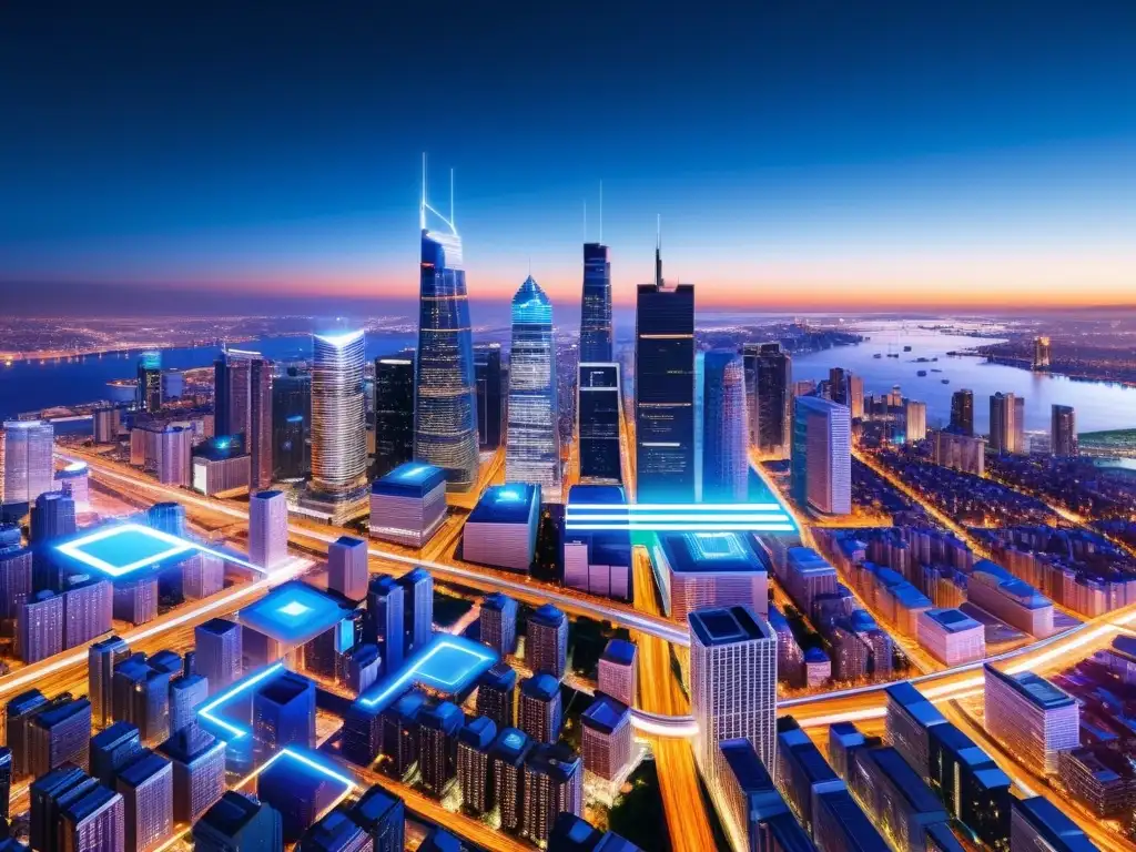 Espectacular skyline nocturno de una ciudad moderna, con líneas brillantes que representan la red de dispositivos IoT