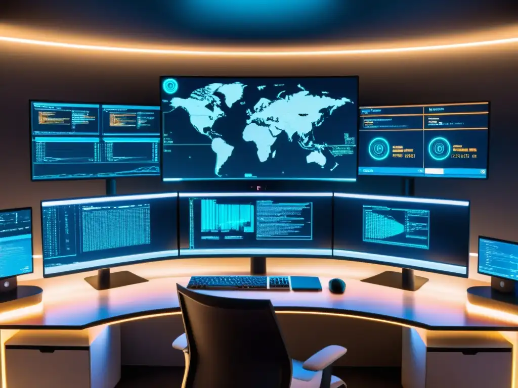 Una estación de trabajo informática moderna con múltiples monitores que muestran líneas de código y visualizaciones de datos