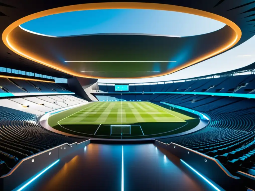 Estadio deportivo futurista con atletas y tecnología avanzada, reflejando la innovación de la Nanotecnología en el Deporte