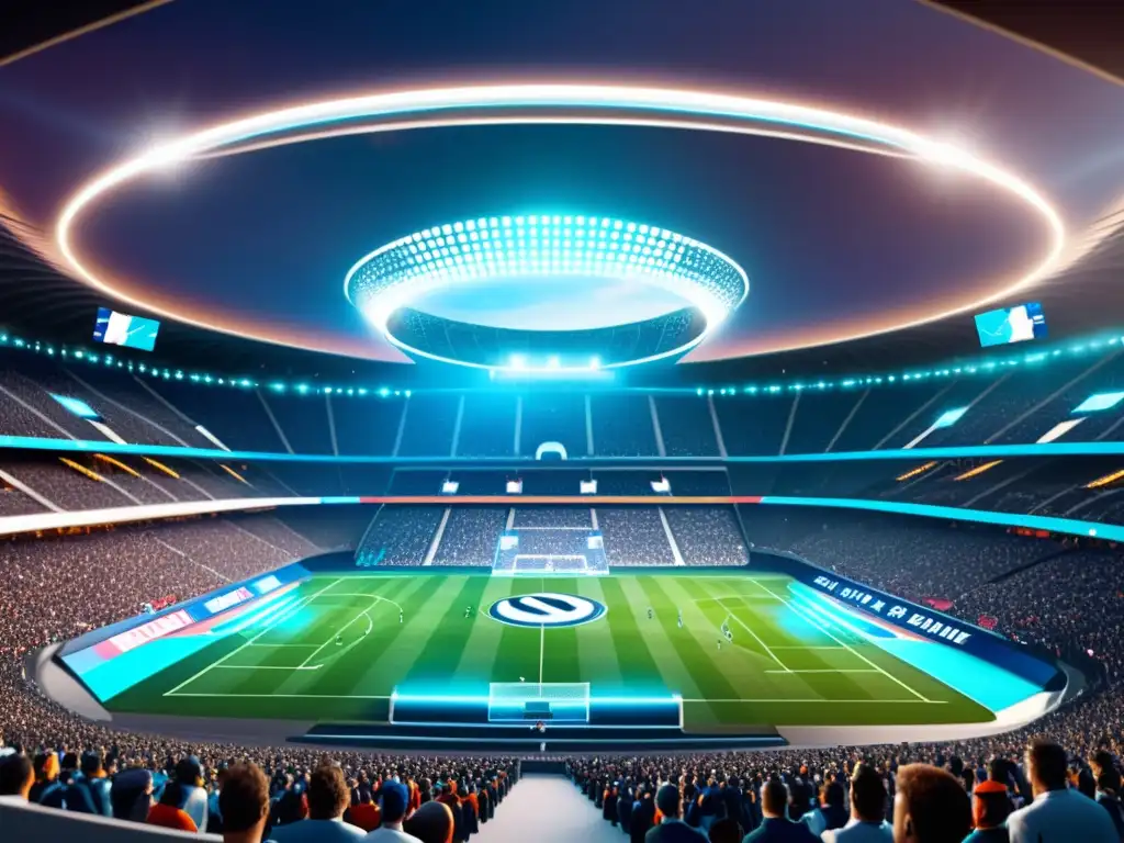 Un estadio deportivo futurista con hologramas mostrando estadísticas de rendimiento de jugadores y análisis de juego en tiempo real