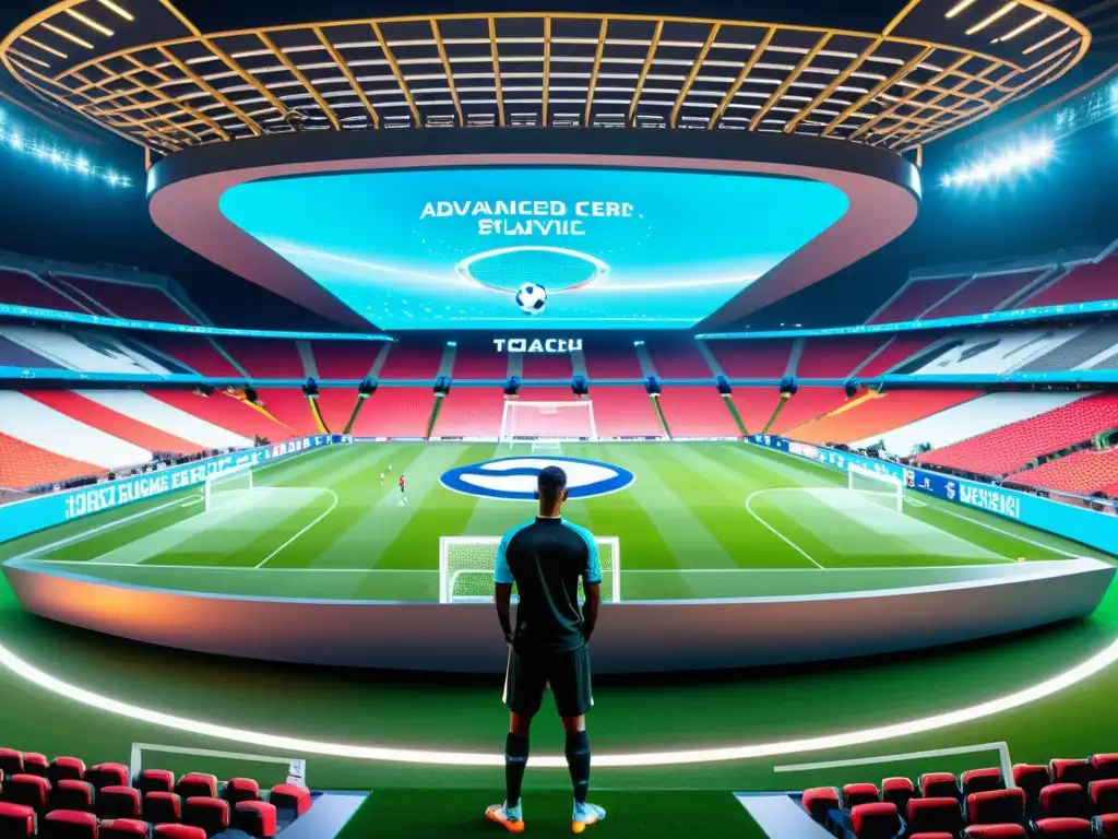 Estadio de fútbol futurista con análisis de rendimiento IA en deporte integrado, luces LED y hologramas de estadísticas de jugadores en tiempo real