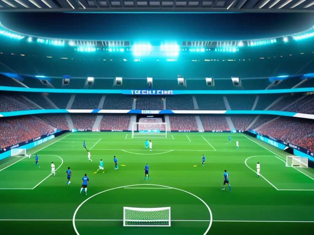 Estadio de fútbol futurista con IA impactante en el deporte, tecnología avanzada y jugadores con uniformes tech-infundidos