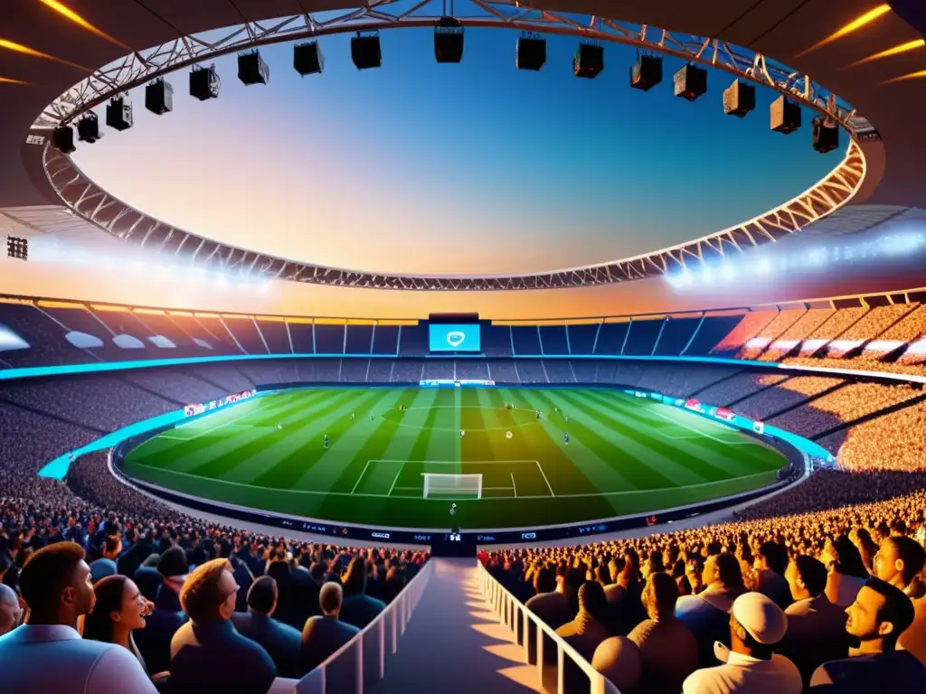 Estadio lleno iluminado por el sol poniente, con antenas 5G integradas discretamente, permitiendo transmisión en vivo eventos deportivos 5G en dispositivos móviles futuristas