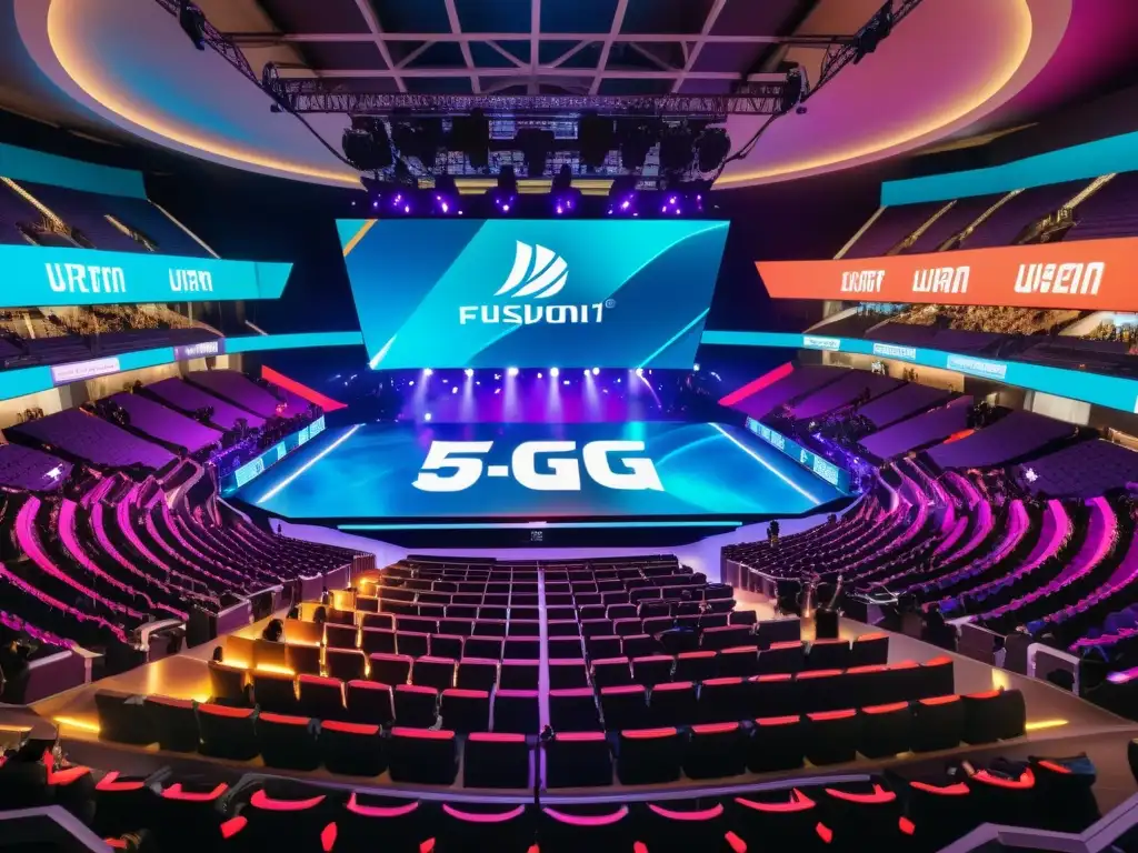 El estadio lleno de luces LED muestra un torneo eSports emocionante con tecnología 5G de vanguardia, impactando la industria de los eSports