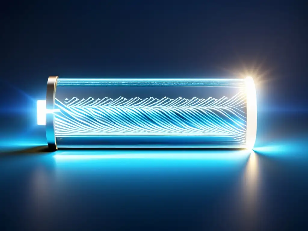Estructura de batería de nanocables: ultrafuturista y detallada Estructura detallada de nanocables para almacenamiento de energía, con red de nanohilos brillantes en luz LED azul