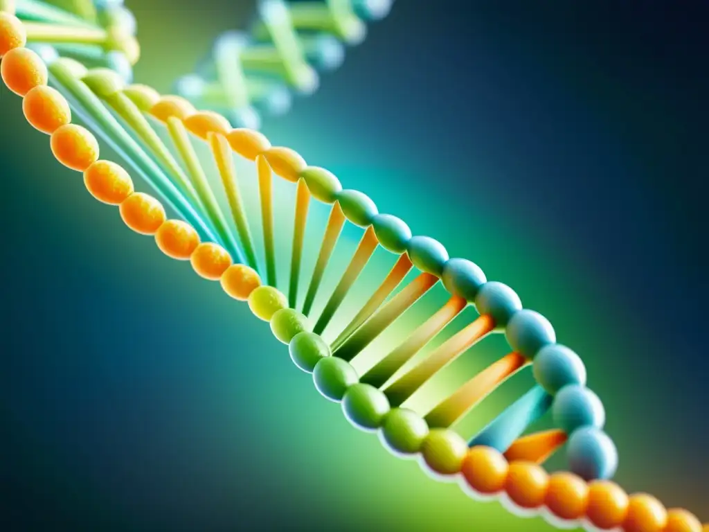 Doble hélice de ADN en detalle: marcadores genéticos nutricionales Una estructura de doble hélice de ADN con colores vibrantes que representan marcadores genéticos de nutrición