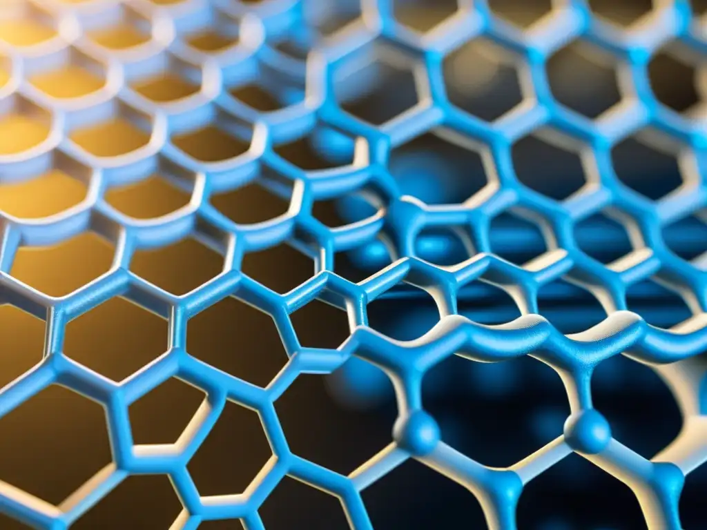 Una estructura de nanomateriales en alta resolución, bañada en luz azul y mostrando la innovación de la nanotecnología creando supermateriales