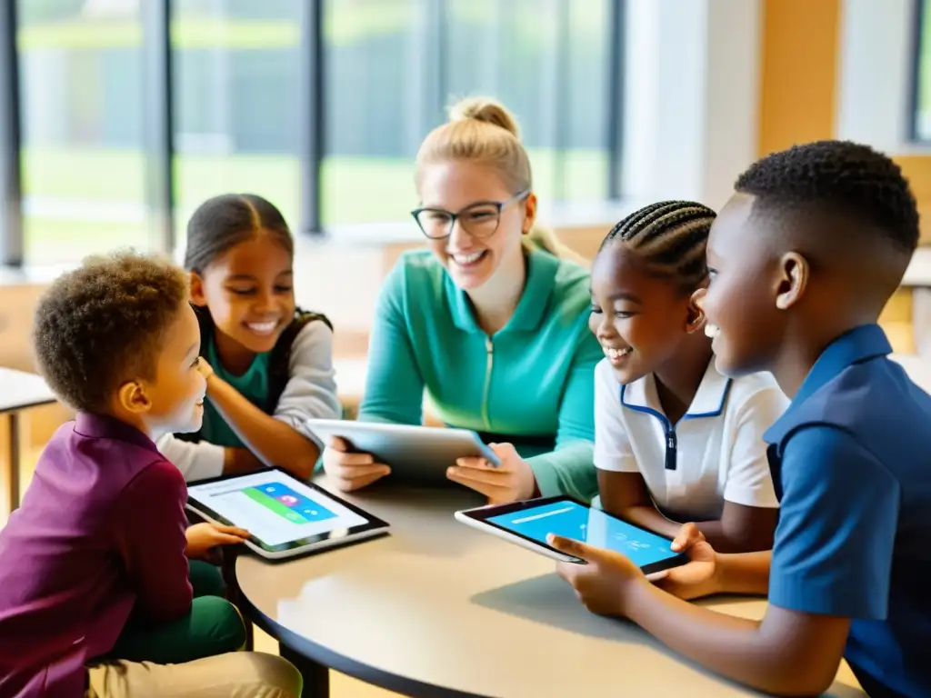 Estudiantes colaborando en un ambiente educativo moderno, utilizando tecnología para fomentar pensamiento crítico