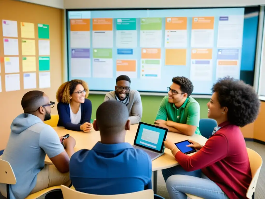 Estudiantes colaborando en un ambiente tecnológico para fomentar el pensamiento crítico en aula moderna