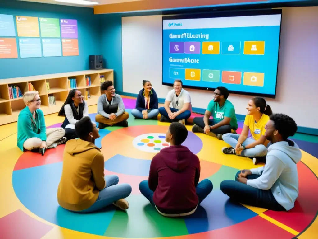 Estudiantes participan en animada discusión sobre gamificación educativa: beneficios y desafíos en aula moderna y colorida