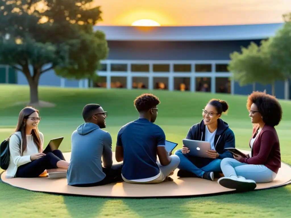 Estudiantes usan tecnología en la reinvención del aprendizaje en un anfiteatro al aire libre al atardecer