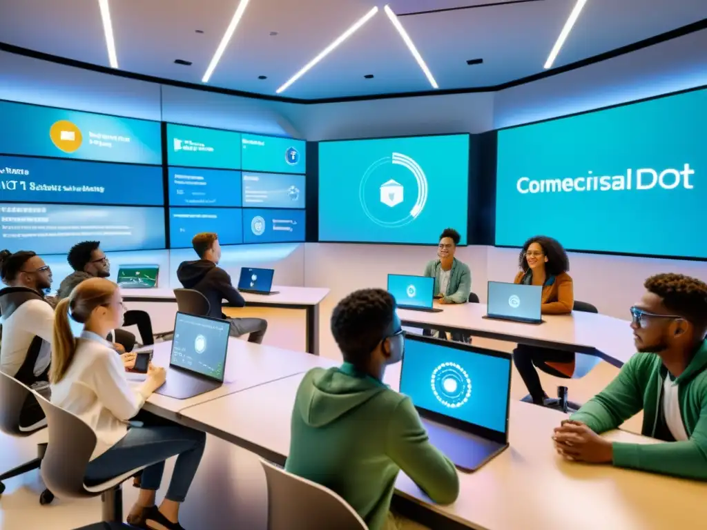 Aula del futuro con estudiantes diversos y tecnología holográfica Estudiantes participando en aprendizaje interactivo en un aula futurista, con tecnología holográfica y pantallas IoT en educación y aprendizaje