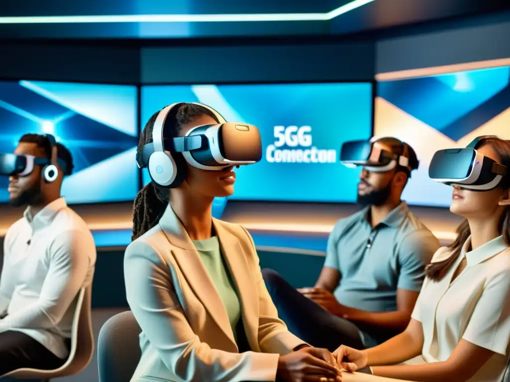 Estudiantes en aula futurista con realidad virtual, 5G conectividad para retos educativos